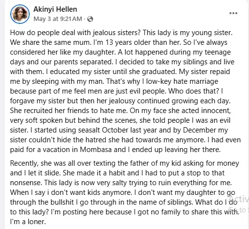 Lady calls out younger sister over affair with her husband