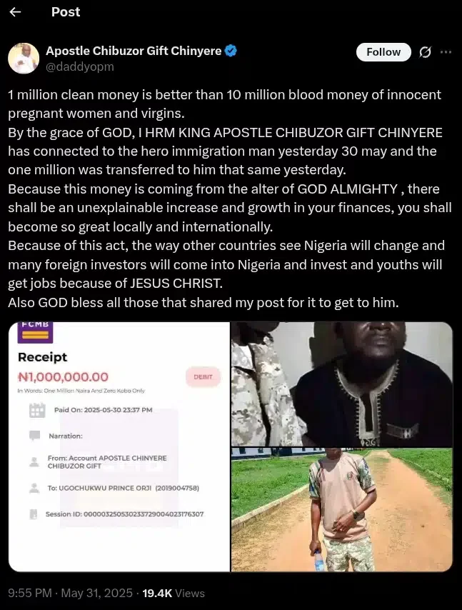 Apostle Chibuzor rewards immigration officer with ₦1m for rejecting ₦10m bribe from Enugu native doctor