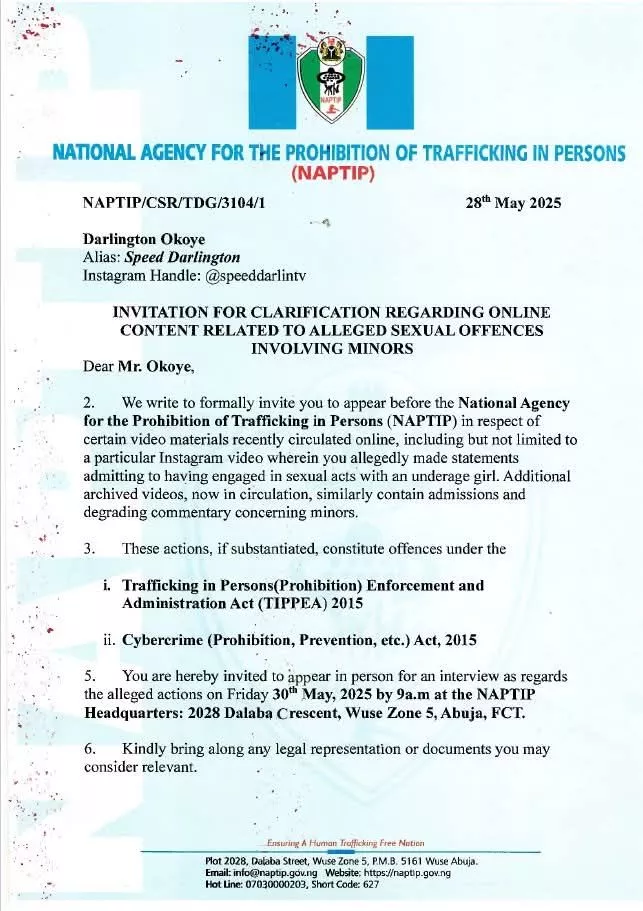 Alleged Child Abuse: NAPTIP summons Speed Darlington for questioning