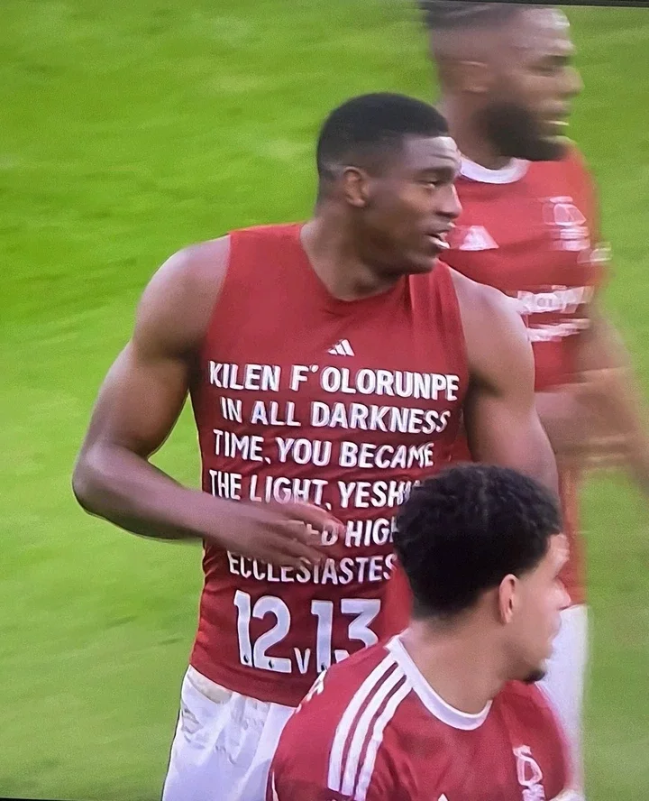 Nigerian reacts after seeing what was written under Awoniyi's shirt after scoring against West Ham
