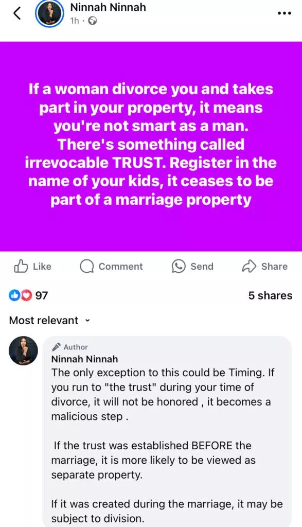 'You're not smart if your wife takes your property after divorce' - Female lawyer advises men