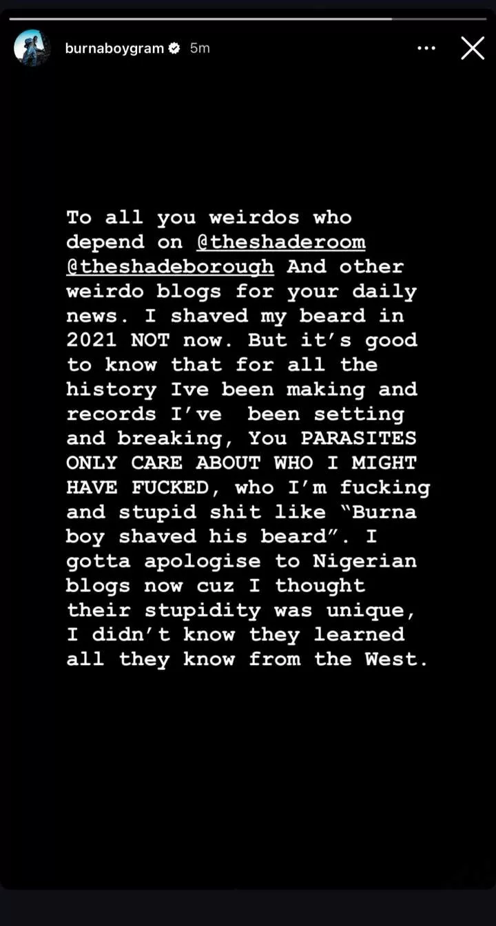 Burna Boy slams foreign media after he was shamed for his beardless look