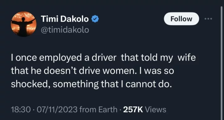 'It's the audacity for me' - Netizens react as Timi Dakolo recounts his experience with driver who does not drive women