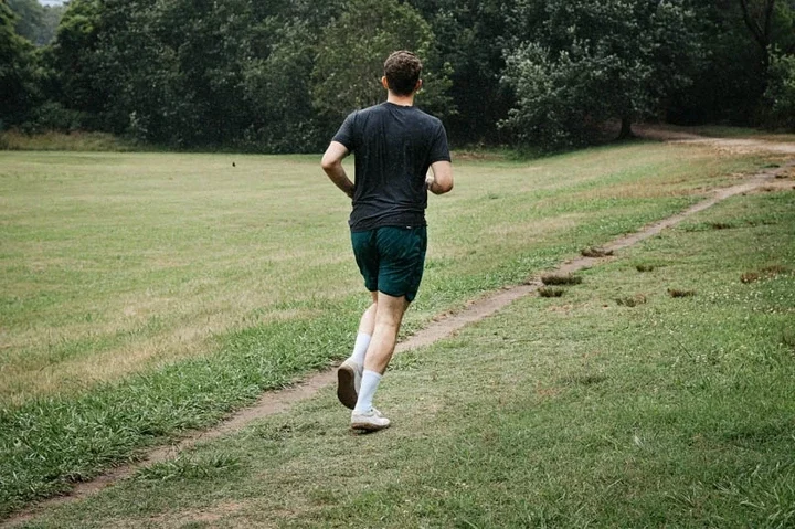 model running with back to camera wearing vuori workout shorts