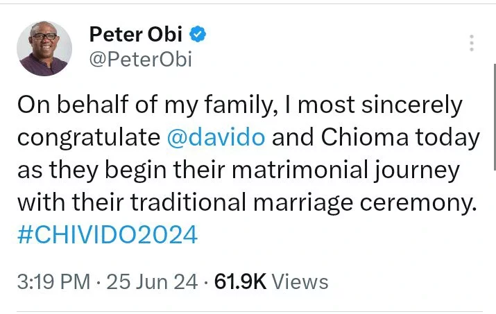 Peter Obi Reacts Over the Wedding of David Adeleke