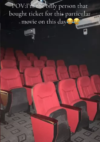 Lady who bought movie ticket at cinema finds out she's the only one in the hall