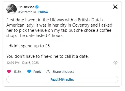 'I didn't spend up to N5k' - Nigerian man shares his date experience with foreign lady in UK; it stuns many