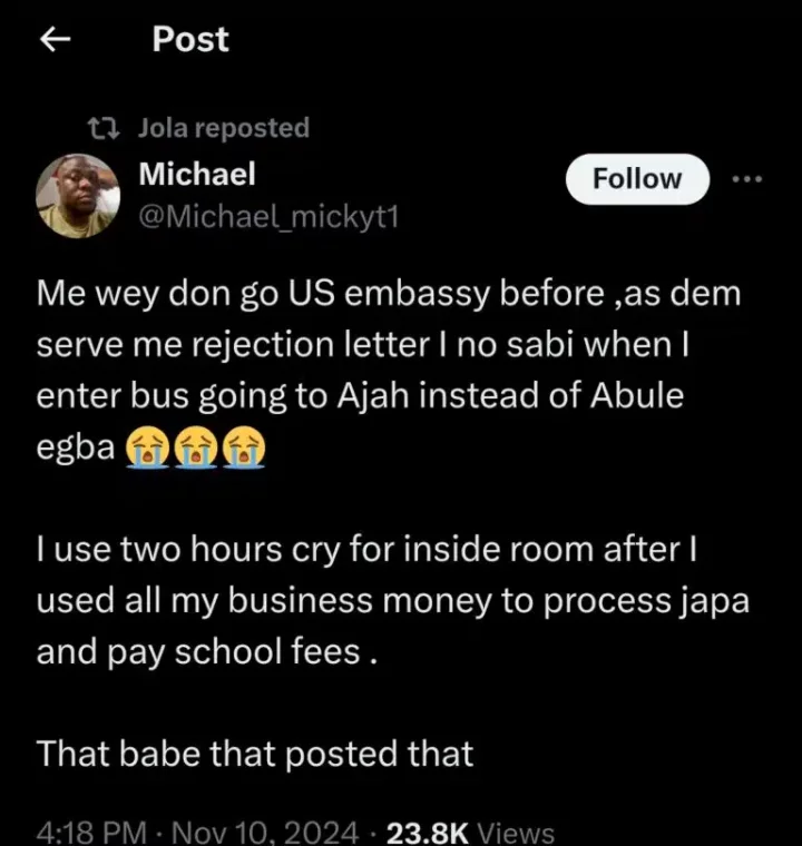 Man boards bus to Ajah instead of Abule Egba, cries for 2 hours after U.S. visa rejection