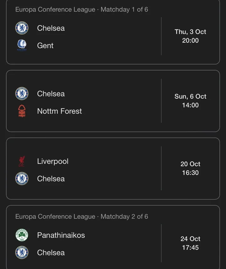 Chelsea's Next Four Matches In All Competitions Including A Tough Game Against Liverpool.