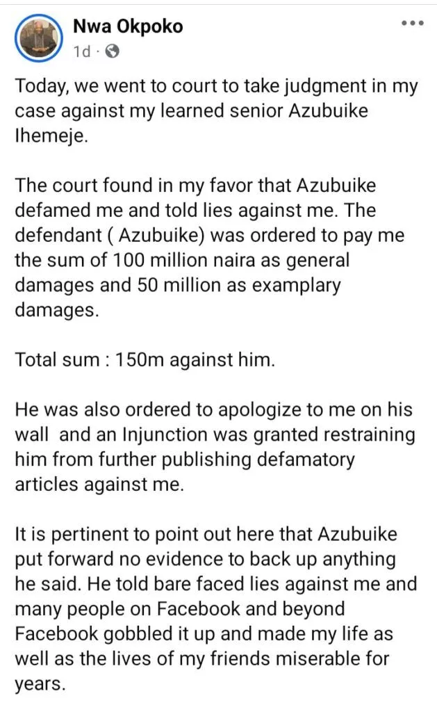 Lawyer celebrates as court orders senior colleague to pay N150M for online slander