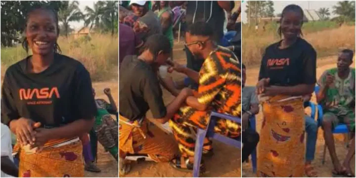 "The most humble traditional marriage" - Netizens wowed after video of lady getting married in wrapper, T-Shirt and crocs went viral