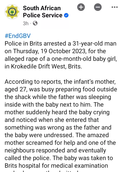31-year-old father arrested for allegedly r@ping his newborn daughter in South Africa