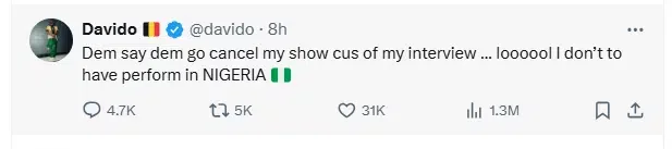 Davido claps back at those planning to cancel his Lagos show over recent interview