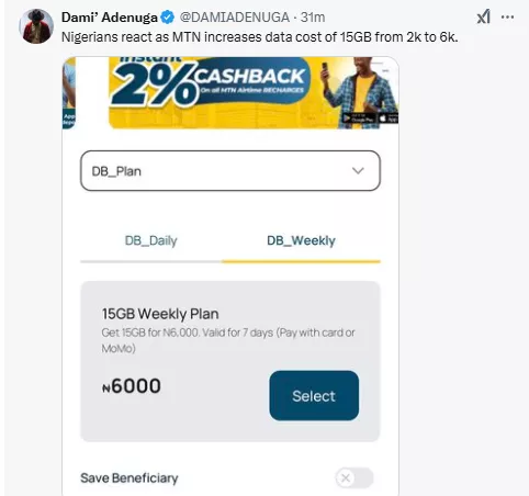 MTN increases data cost of 15GB from N2K to N6K, Nigerians kick