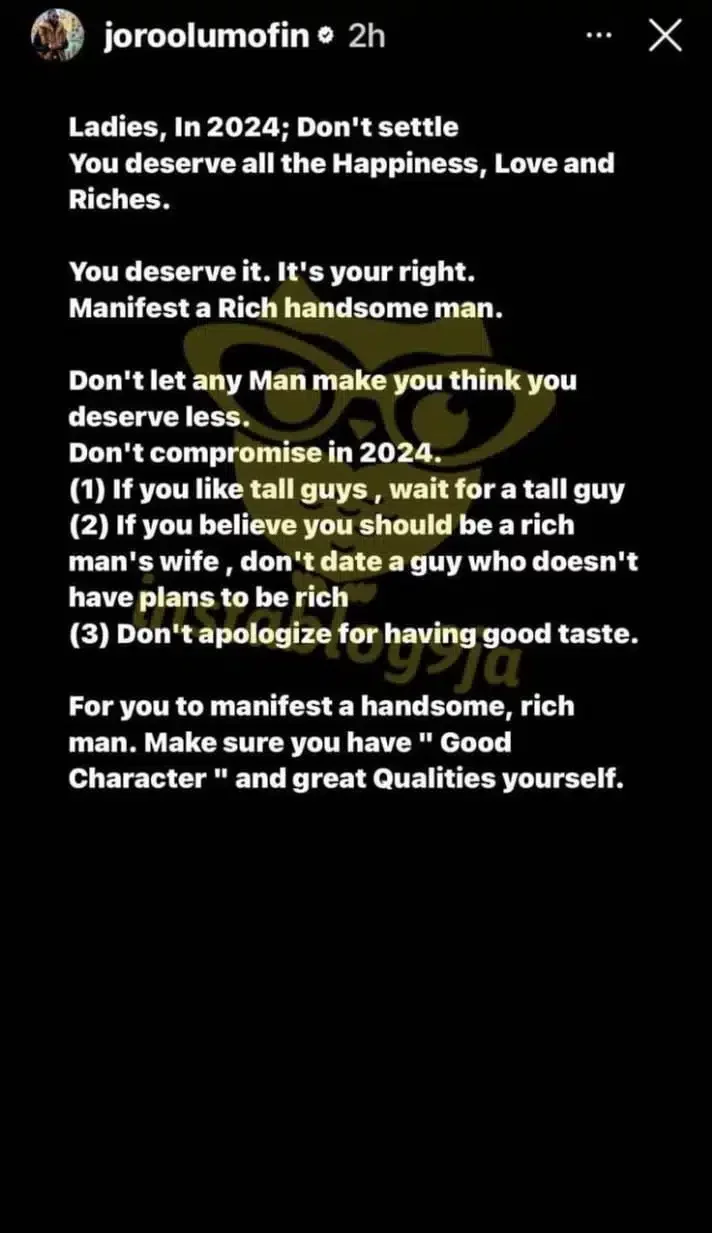 'Manifest a rich handsome man this 2024' - Joro Olumofin advises ladies