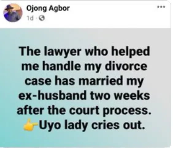 Woman cries out as female lawyer who handled her divorce case weds her ex-husband