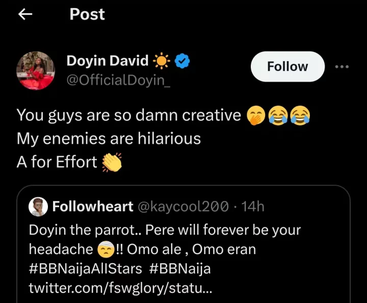 'A for effort, my enemies are hilarious' - Doyin reacts as fan calls her 'parrot' and shares her photoshopped photo