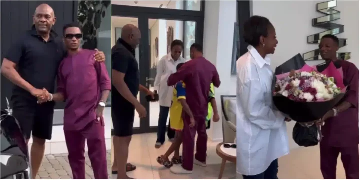 "Tony loves Wizzy" - Reactions as Wizkid visits Tony Elumelu, gifts his wife a bouquet of flowers