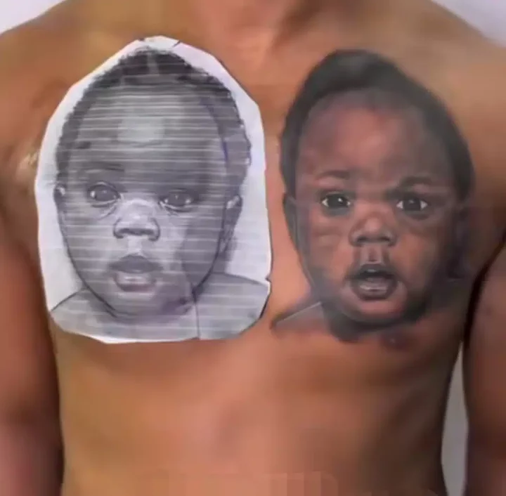 'You don do DNA?' - Nigerian dad raises eyebrows online as he inks handsome child's face onto his chest