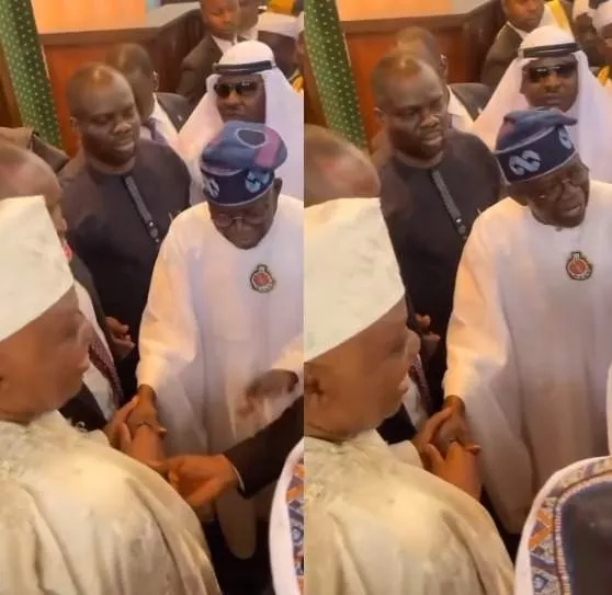 Moment a security agent tried to stop the exchange of pleasantries between President Tinubu and Billionaire businessman, Rasaq Okoya (video)