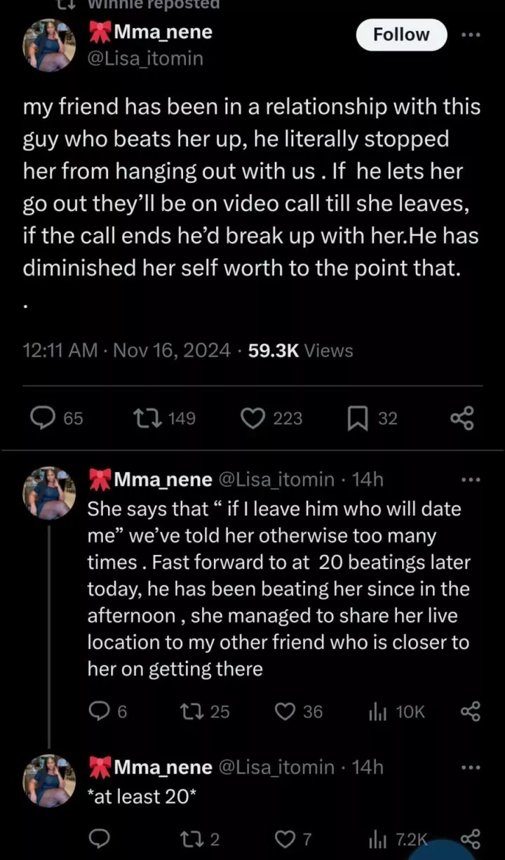 Lady reveals friend's abusive boyfriend hits her 20 times daily, enforces video surveillance