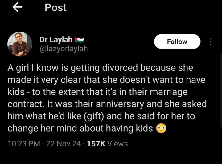 Wife initiates divorce after husband requests children on their marriage anniversary