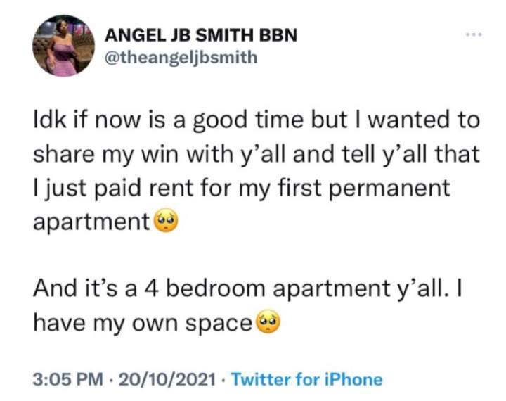 BBNaija's Angel rejoices after paying rent for first permanent apartment