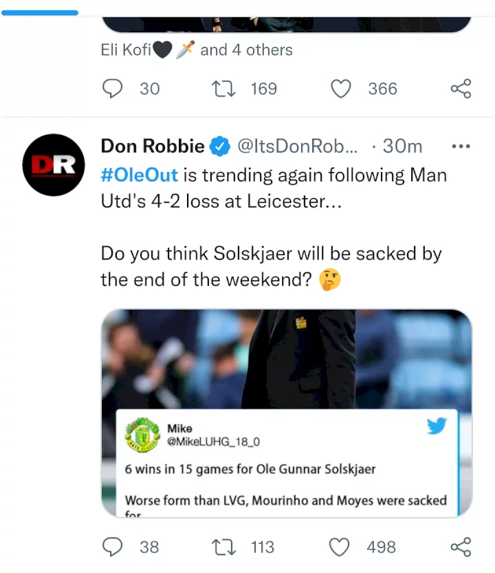 'Get this joker out now' - #Oleout trends worldwide after Manchester United lose 4-2 to Leicester City