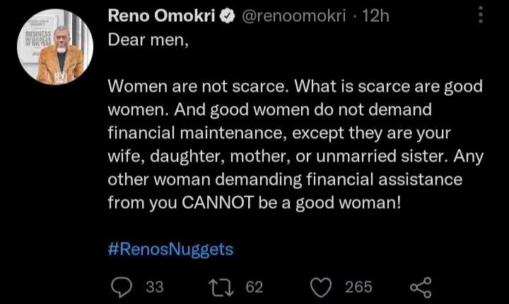 'Women are not scarce; any lady demanding money from you isn't good' - Reno Omokri counsels men