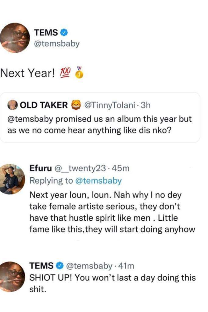 'Shut up! You won't last a day doing this sh*t' - Tems ridicules troll who asked about her album