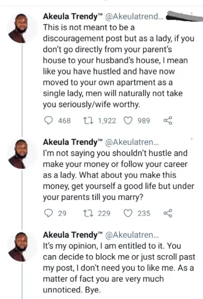 Men will not take you serious if you rent your own house - Man advises single ladies to live with parents