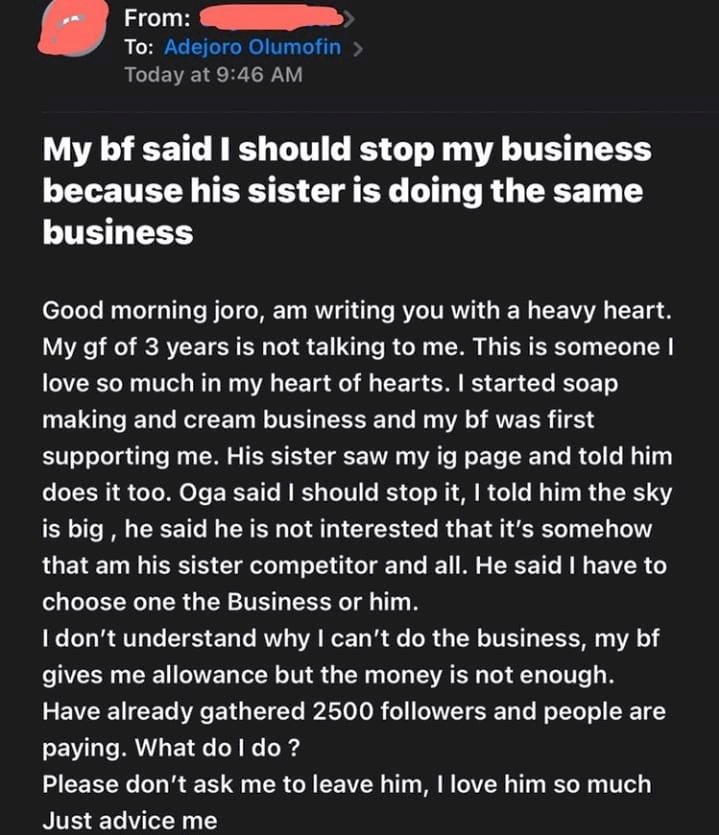 'My bf threatened to breakup if I don't stop my business because his sister is doing the same business' - Lady laments