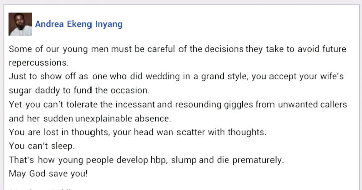Man warns fellow men of the repercussions of accepting wedding funding from their wives' sugar daddies
