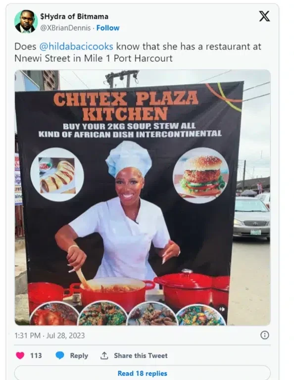 Hilda Baci's photo spotted in a restaurant banner in Port-Harcourt