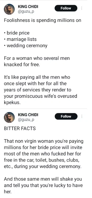 'Foolishness is spending millions on bride price, marriage lists for a woman whom several men knacked for free' - Nigerian man