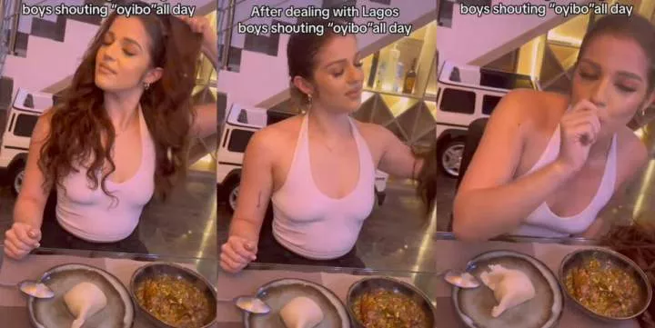 "After being called 'Oyibo' all day in Lagos" - Foreign lady takes off wig, cools off with bowl of fufu [Video]