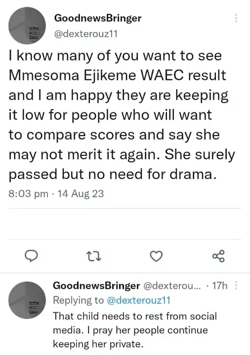 'Everyone has been eager to see it' - Nigerian man speaks on Mmesoma Ejikeme's performance in WAEC weeks after JAMB saga
