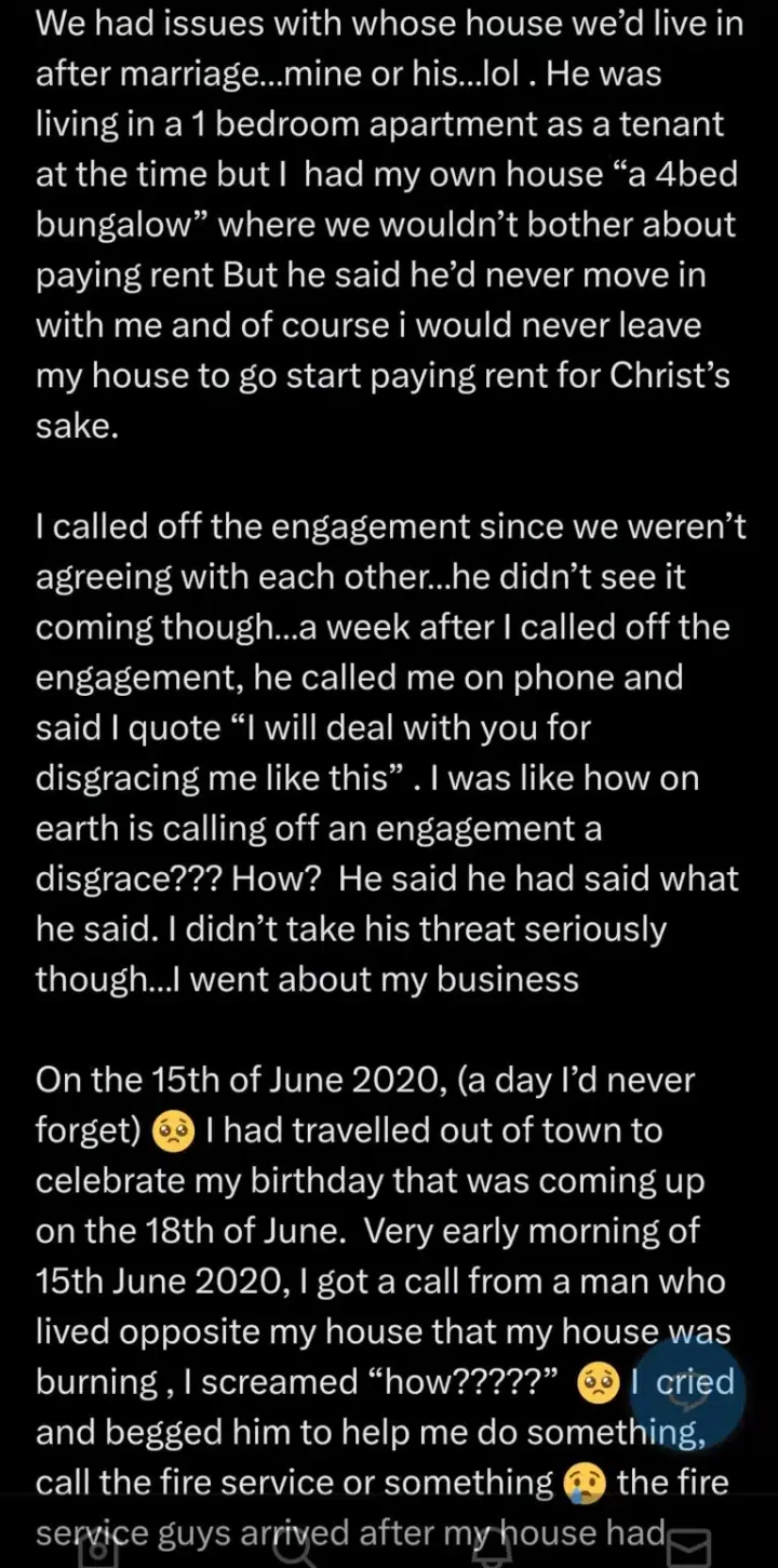 Lady narrates experience as ex-lover burns her 4-bedroom apartment and bar after she calls off engagement