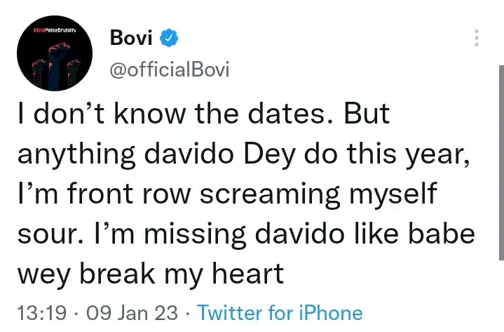 'I'm missing Davido like babe wey break my heart' - Bovi says, opens up on what he'd do at singer's next show