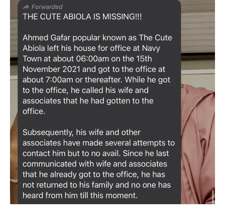 Cute Abiola reportedly missing