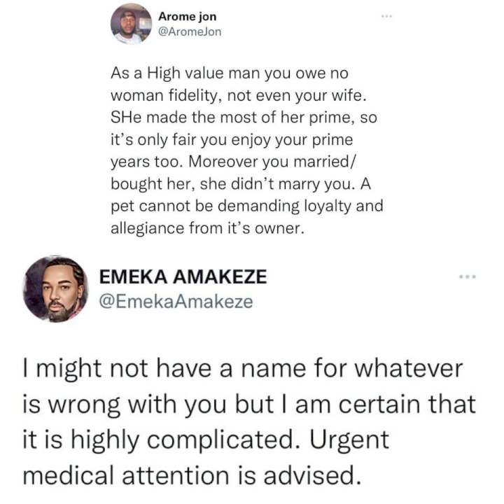 Actor Emeka Amakeze replies Twitter user who said men don't owe their wives fidelity