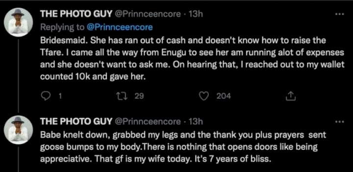 'She knelt down, grabbed my legs' - Man recounts girlfriend's priceless reaction after giving her N10K, says she's his wife today