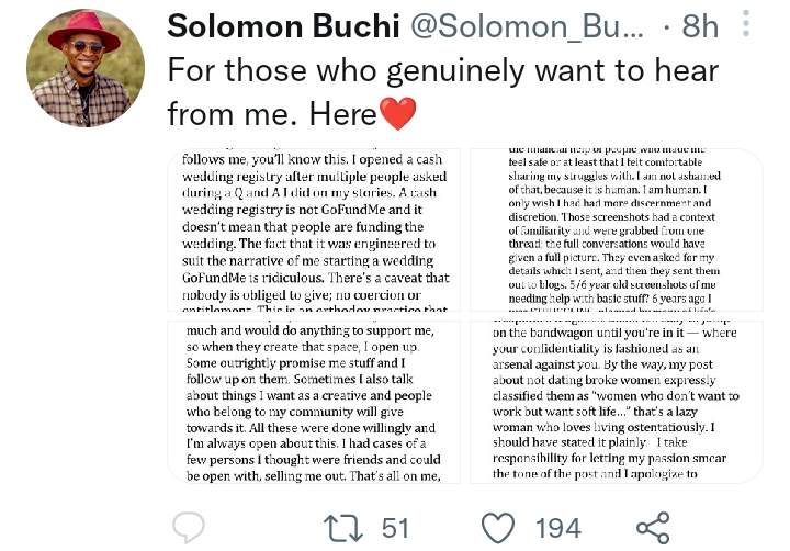 'I never opened a GoFundMe account for my wedding' - Solomon Buchi reacts after multiple women exposed chats of him 'begging' for money