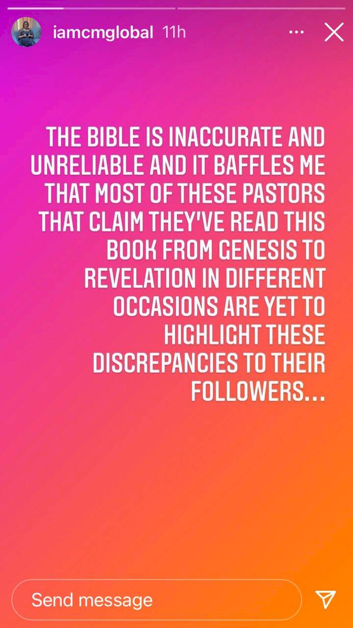 'Bible is inaccurate and unreliable, reading it can put you in serious problem' - Cynthia Morgan sparks controversy