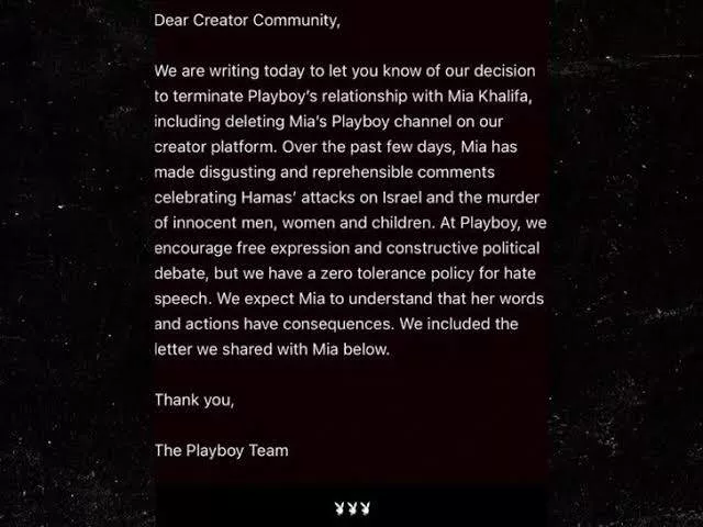 Playboy fires p0rnstar Mia Khalifa after she mocked the slaughter of Jews by Hamas and called the attack a 'renaissance painting'