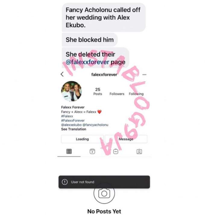 Alex Ekubo's fiancée, Fancy Acholonu unfollows him and deletes their joint Instagram page amidst breakup rumors