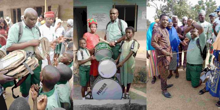 Moment Man Appears In School Uniform, Donates Bags, Drums To School Children [Photos]