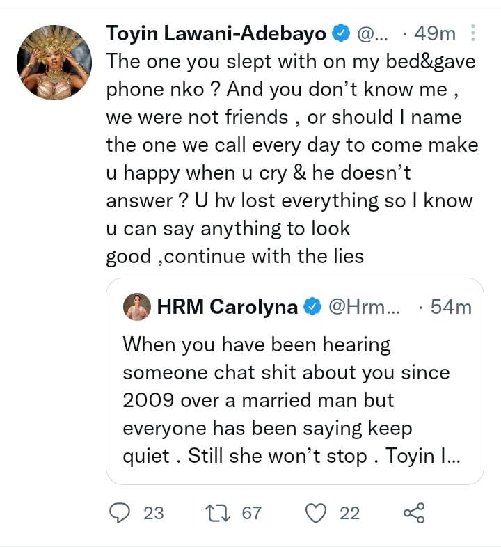 'Shameless goat' - Toyin Lawani blasts Caroline extensively, calls her out for sleeping with her ex husband and wrecking her marriage