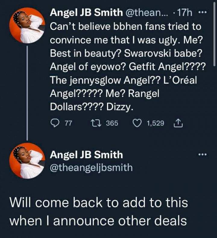 'Can't believe BBHen fans tried to convince me that I was ugly' - Angel says as she lists achievements