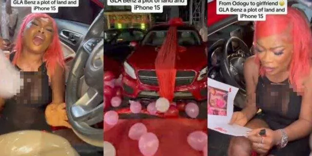 Lady nearly goes berserk as lover buys her Benz GLE, a plot of land and iPhone 15 (Video)